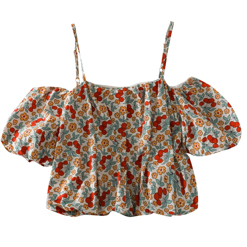 

Hong Kong style retro short loose one shoulder bubble sleeve top women's 2021 summer dress looks thin and versatile