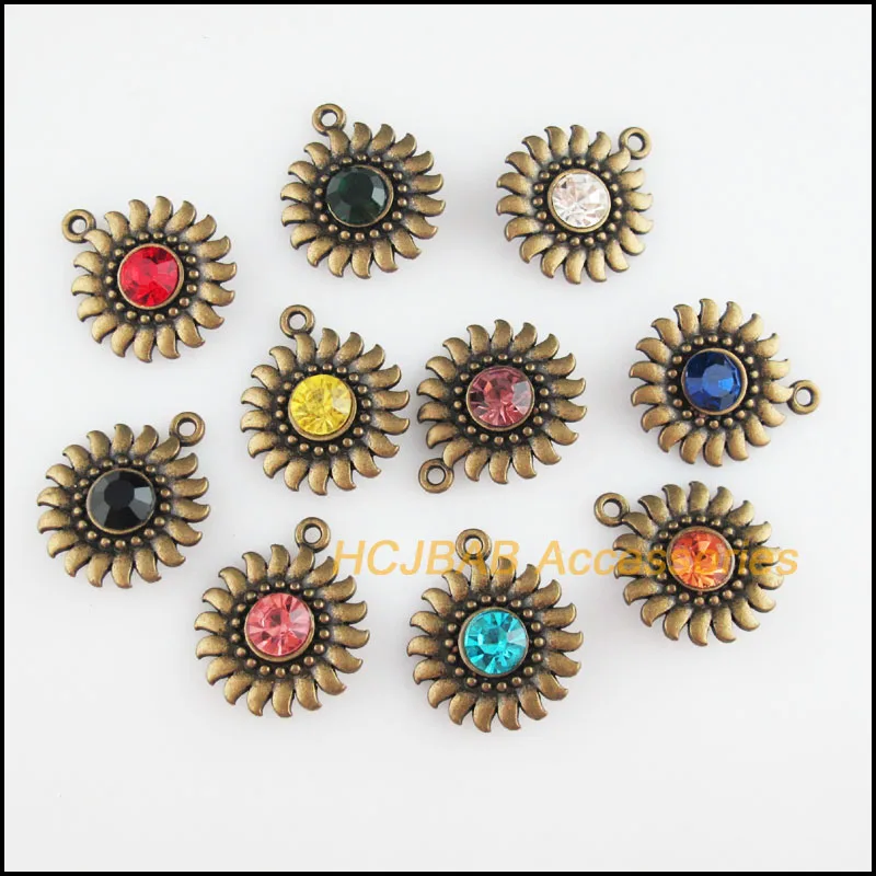 

10 New Round Star Charms Antiqued Bronze Plated Sun Flower Mixed Crystal Pendants 20x24mm