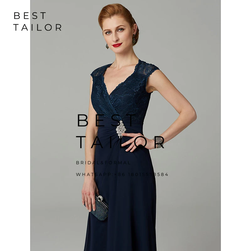 

Navy Blue Mother of the Bride Dresses for Weddings Floor Length V-Neck Lace Cap Sleeves Wedding Evening Party Gowns Vestidos