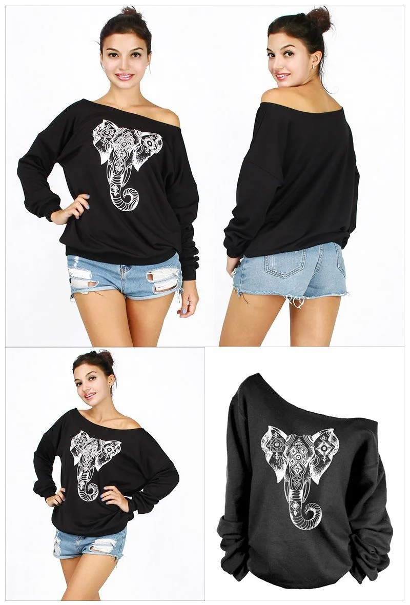 Abstract Elephant Print Loose Fit Diagonal Off Shoulder Plush Long Sleeved Women's Sweater