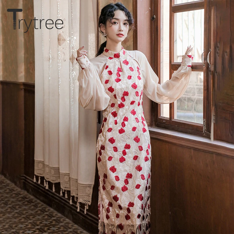 Весеннее женское платье Trytree 2020 Повседневное с воротником-стойкой и