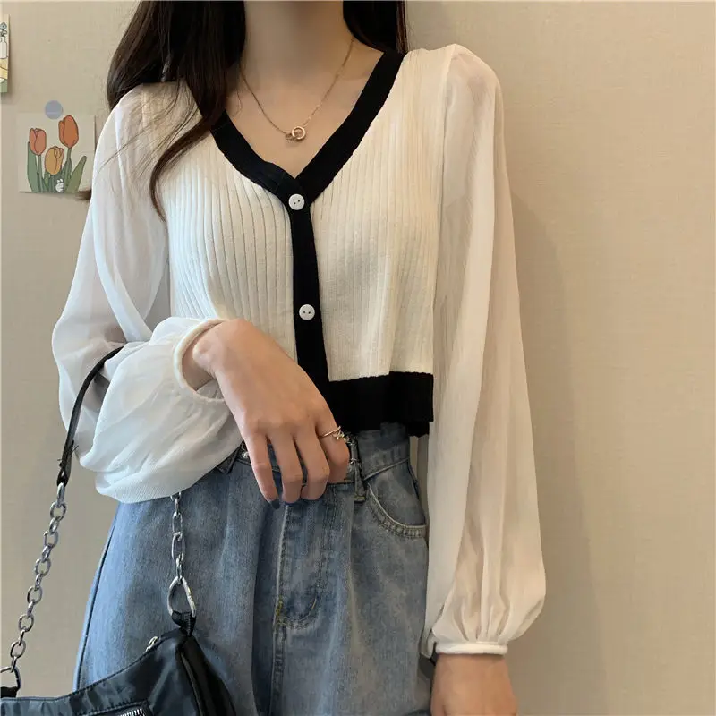 

EBAIHUI Cardigan Women Korean Long Sleeve Cardigan Summer Cropped Cardigan Knitted V Neck Thin Ice Silk Blouse Sunscreen Shirt