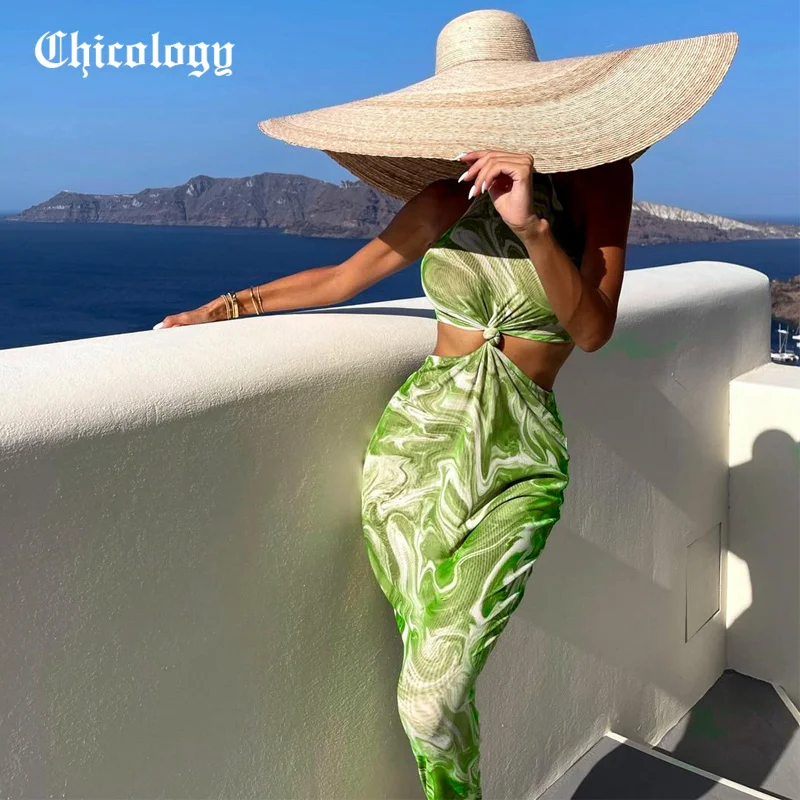 

Chicology 2021, женский летний топ без рукавов с завязками на шее, укороченный топ миди, облегающие модные эластичные юбки, комплекты из 2 предметов