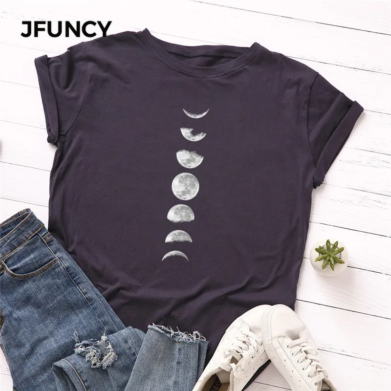 JFUNCY, футболка размера плюс, S-5XL, новая луна, футболка с принтом, женская, хлопок, Круглый ворот, короткий рукав, футболка, топы, летние повседневные рубашки