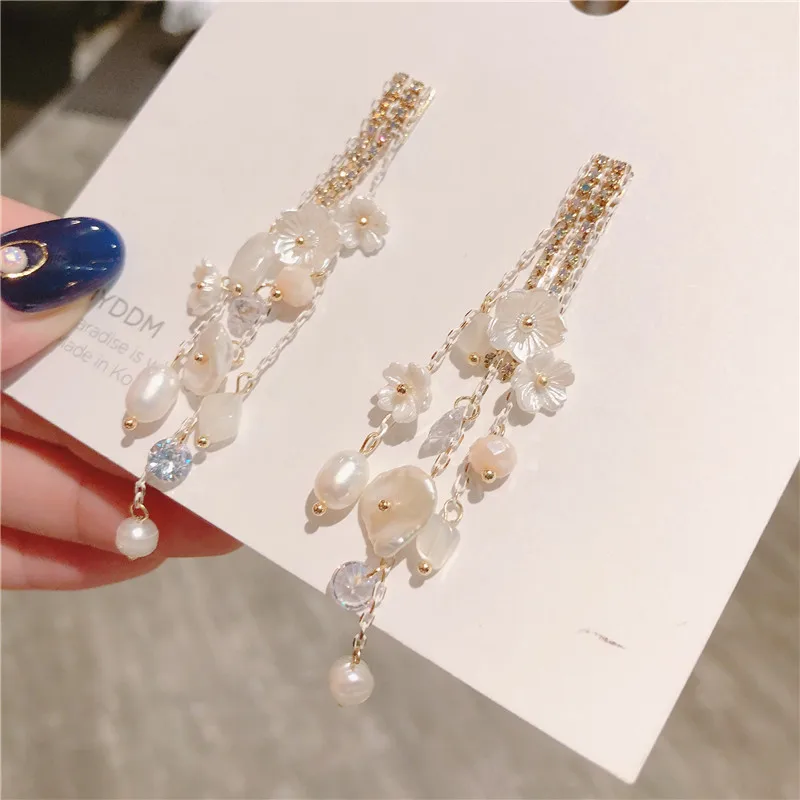 

Silver needle new Baroque fresh water bead flower rhinestone fashion long tassel ear line earrings trendy