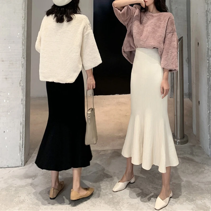 RealShe Женская юбка длинная высокая талия одноцветная Русалочка вязаные юбки для