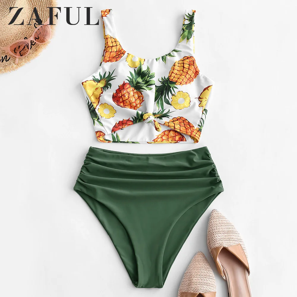Женский купальник с узелком и ананасом ZAFUL смешанный танкини высокой талией