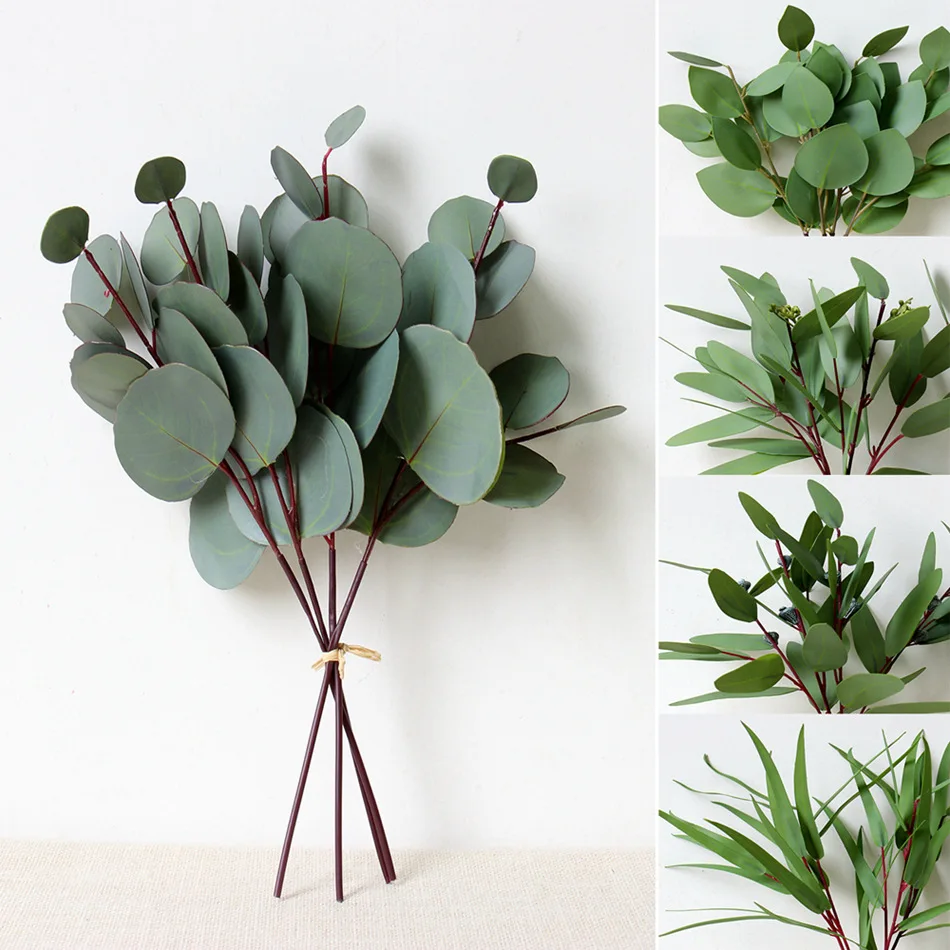 

4pcs/lot Faux Plants Green Artificial Leaves Round Eucalyptus Leaf Decorative Fake Plant for Home Shop Garden Party Decor 32cm