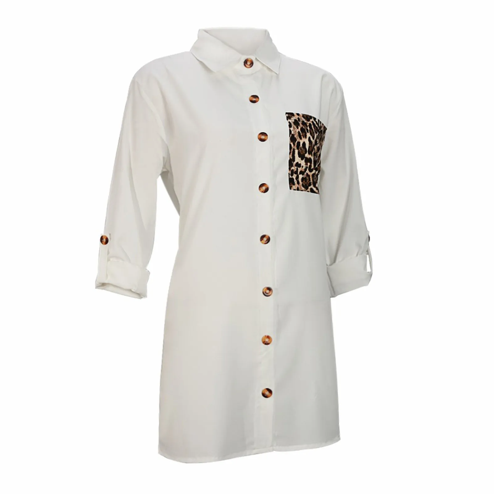 

2020 New Women White Shirt Fashion Casual Leopard Pocket Patchwork Loose Long Sleeve Shirt Blouse Office Ladies Shirts
