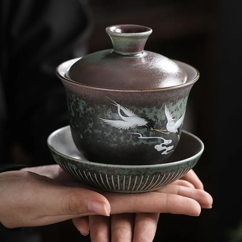 

Anti-scald Large Ceramic Retro Tea Cover Bowl with Lid Sancai Gaiwan Single Tea Bowl Hand Painted Shining Crane Cover Bowl Gift