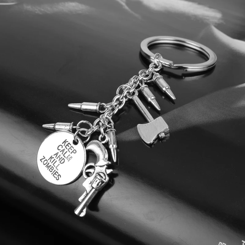 

The Walking Death Keep Calm And Kill Zombies Key Chain Pistol Bullets Alloy Keychain Accessories Pendant Key Ring for Ladies