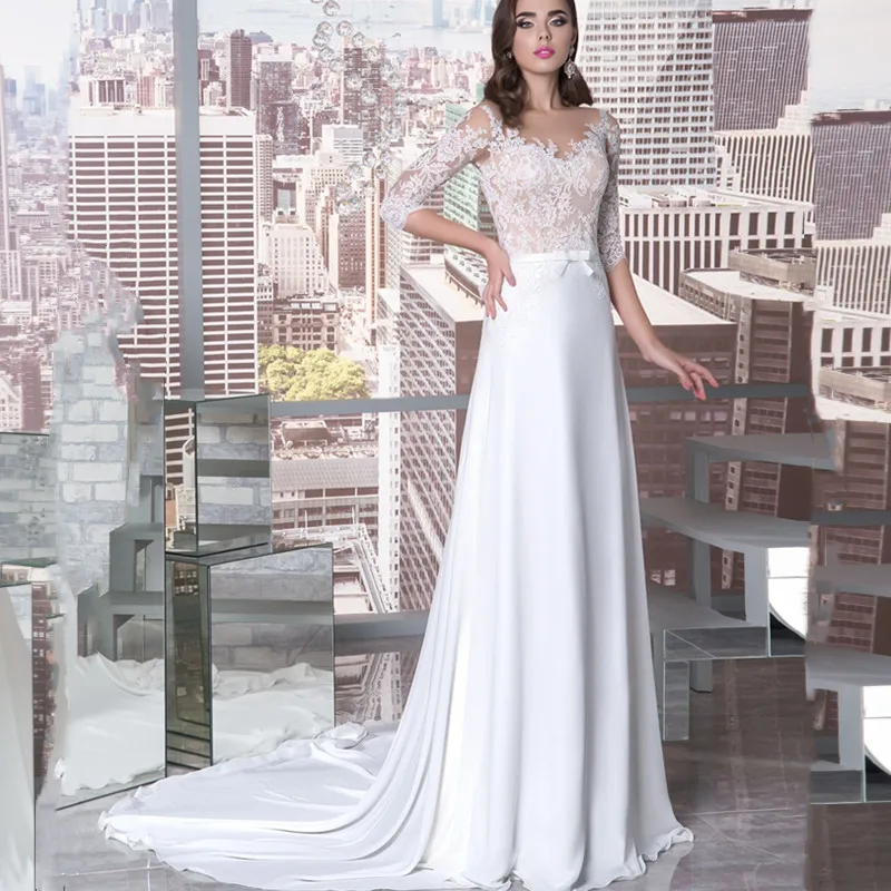 Женское свадебное платье с полурукавами V-образным вырезом и кружевной