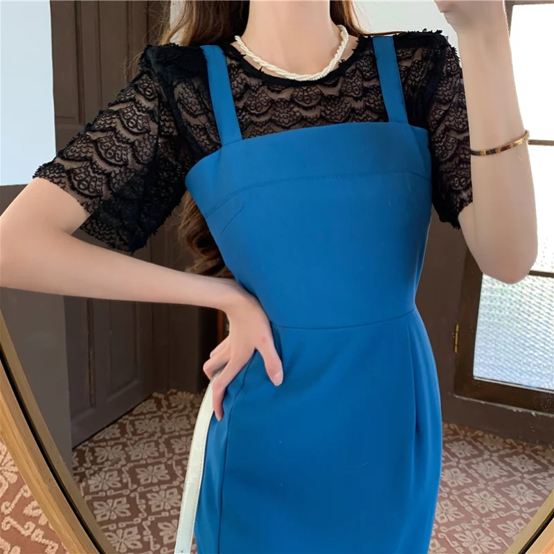 

Elegant Party Midi Women Dress Summer 2021 Blue Patchwork Korean Fashion Casual Clothing French Strap Split Sexy One-piece Dress