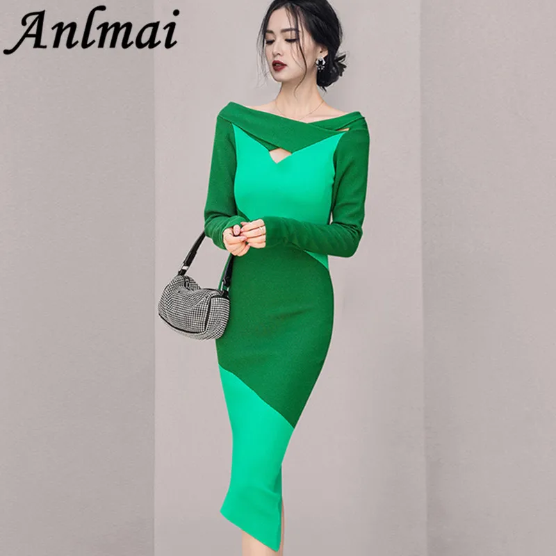 

Korea Chic Knit Women Green Sweater Dress Thick Warm Winter Female Sexy Off Shoulder Asymmetrical Dress Office Lady Clothing
