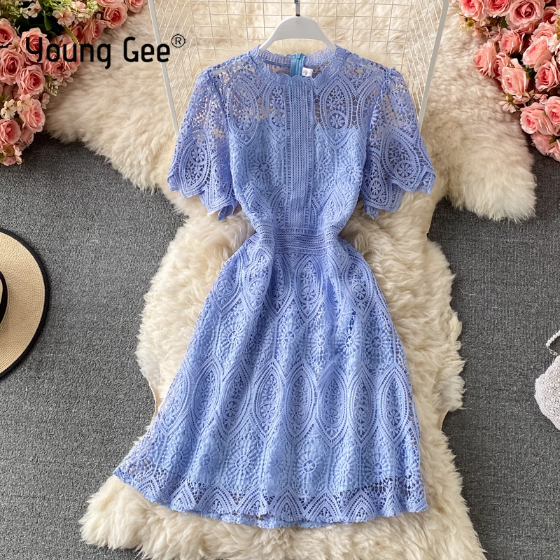 

Young Gee Elegant Hollow Out Lace Floral Luxury Dress Summer Women Stand Collar Slim High Waist Short Sleeve Dresses vestidos