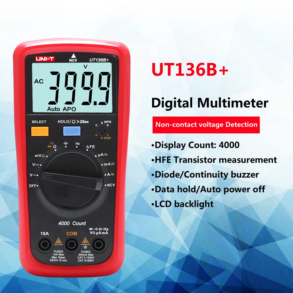 

UNI-T UT136B+ Digital Multimeter AC DC Current Voltmeter Ammeter Ohm Capacitance HFE Diode Tester