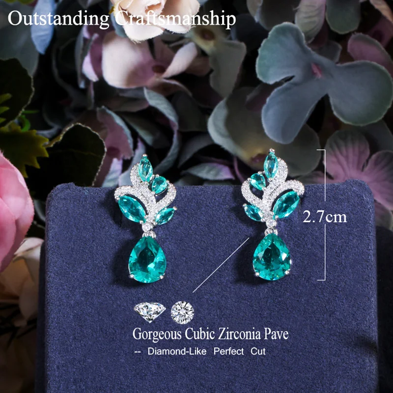 Pera Korean Style Light Blue Green Cubic Zirconia Silver Color Cute Dangle Leaf Drop Earring for Women Fashion Jewelry Gift E630 6