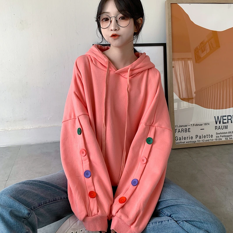 

Fashion new color button long-sleeved hooded winter solid color plus velvet sweatshirts