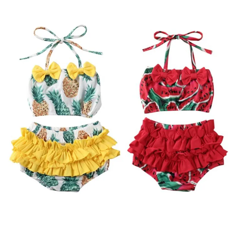 2020 Summer Baby Girl Swimwear 2Pcs Halter Fruits Print Kids Toddler Swimsuit Beach Casual Swimming Bathing Suits 0-5Y | Детская одежда