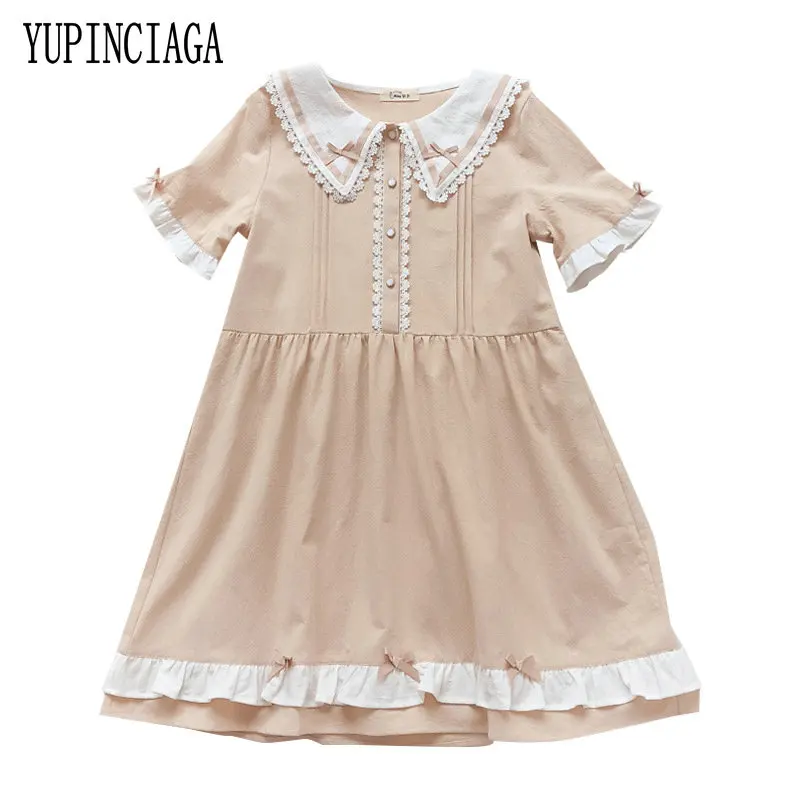

Summer Women Cotton Dress Japan Style Sweet Pink Cute Turn-down Collar lace bow short sleeve Kawaii Dress YUPINCIAGA