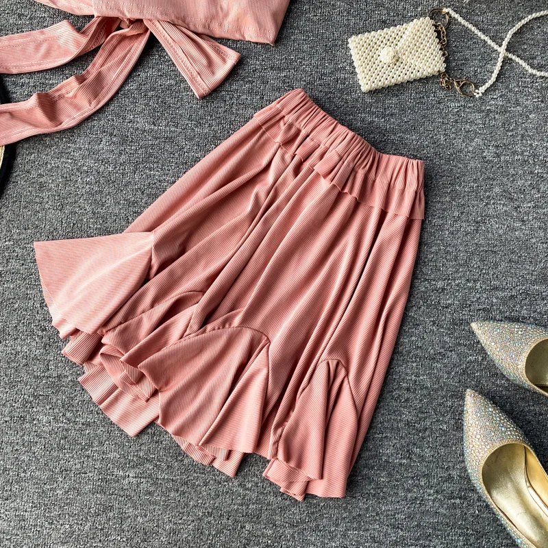 

Summer Clothes For Women 2020 New Fashion Solid Suit Set Short Sleeve Bandage Crop Top And Mini Skirt Elegant Ladies 2 Piece Set