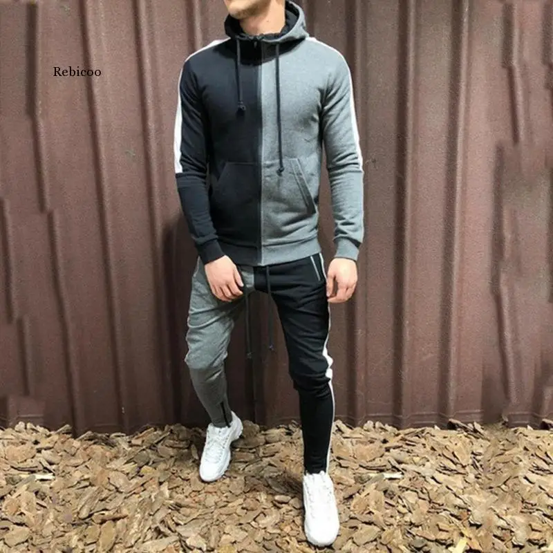 

Autumn Sport Mens Tracksuits Sets Patchwork 2Pieces Long Sleeve Zipper Hoodies Slim Fit Tops Drawstring Side Stripe Pants