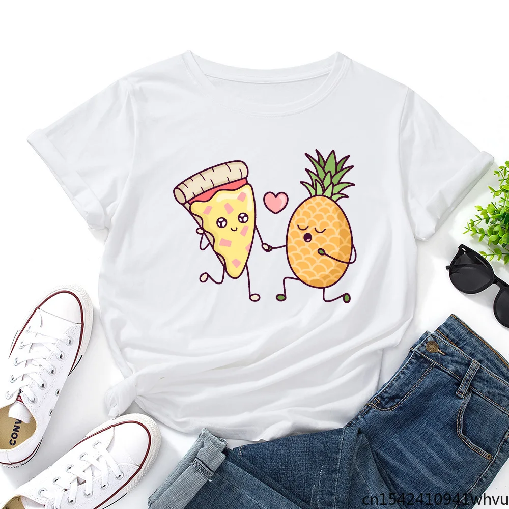 

Summer Pizza and Pineapple Print Women T Shirt Ladies Casual Graphic Short Sleeve Top Clothing