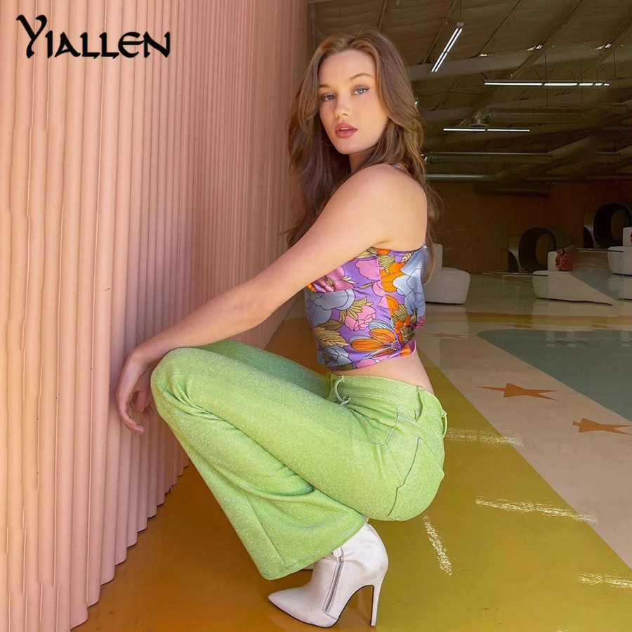 

Yiallen Bright Silk High Waist y2k Flare Pants Capris Vintage Baggy Korean Fashion Streetwear Vintage Sports Trousers Outfit