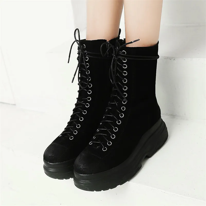 

Meotina Winter Ankle Boots Women Cow Suede Flat Platform Short Boots Real Leather Zipper Round Toe Shoes Lady New Big Size 34-43