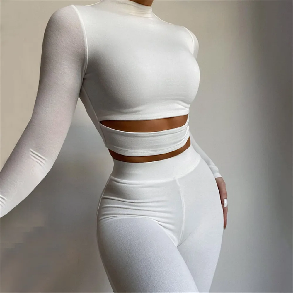 

hirigin 2021 Autumn Winter Hollow Out 2 Pieces Long Sleeve Crop Top High Waist Leggings Set Bodycon Streetwear Tracksuit Sporty