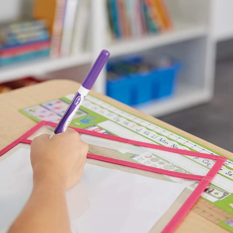 Reusable Dry Erase Pocket Sleeves with Marker Holder(12 Pack)- Assorted Colors, Adult and Children. Use for School, Work, Teac
