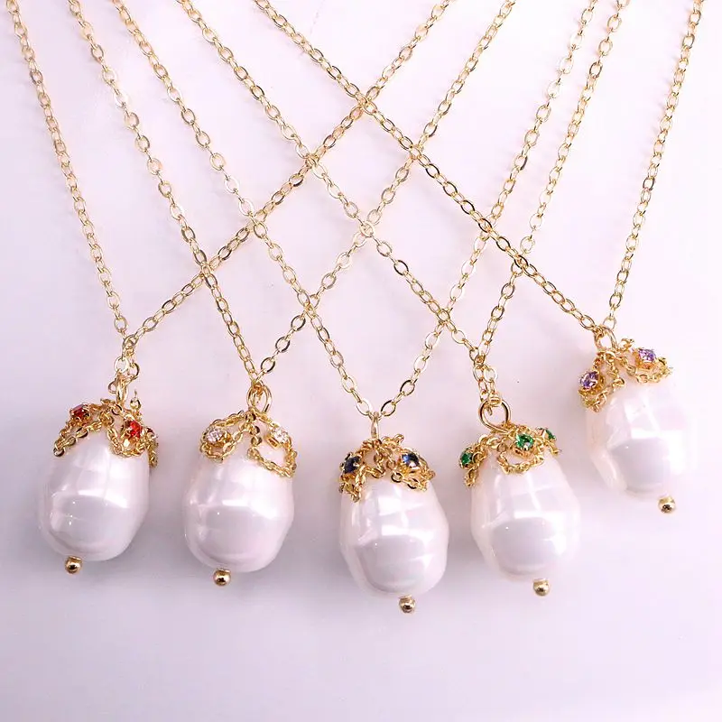 6PCS, Gold Color Flower Cap Nature Mother Of Pearl Shell Drop Pendant Necklace for Women
