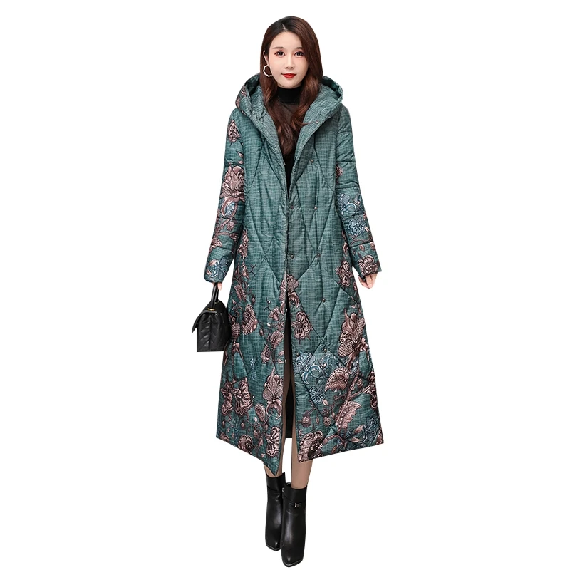 

2020 winter Long thickened women's jacket down feather cotton jacket with hooded printing Slim women's warm winter snowy jacket