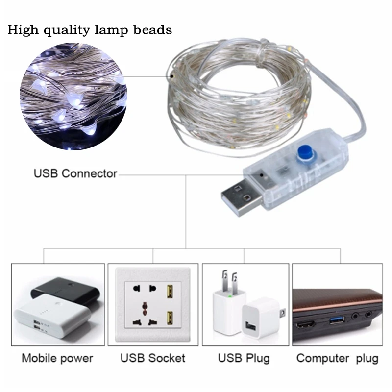 Светодиодная гирлянда с серебряной проволокой USB 5 м 10 | Лампы и освещение