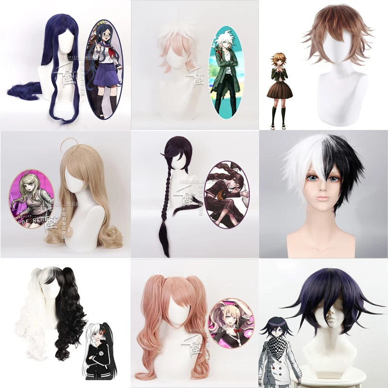

Danganronpa: Trigger-pelucas de Cosplay Happy Havoc, Mikan Tsumiki jugando, pelo corto, negro, Morado, largo, liso, Halloween, 1