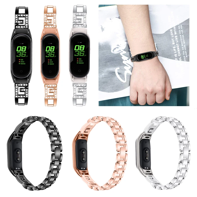 

Браслет для часов из нержавеющей стали с бриллиантами, металлический ремешок с чехлом для Xiaomi Mi Band 3 4 5, Модный женский браслет