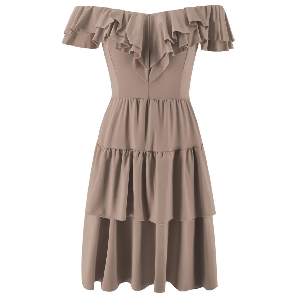 

Women Sexy Off Shoulder Tiered Ruffled Layers Ruched Cocktail Dress Elegant Fashion Chic Short Sleeve Solid Party Dress Vestidos