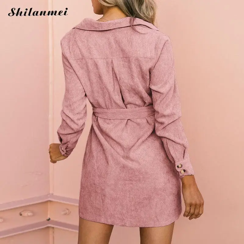 Женское вельветовое платье рубашка повседневное плотное винтажное трапеция с