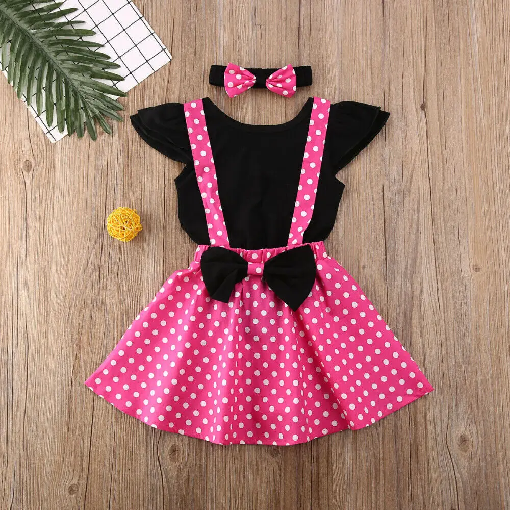 

3PCS Newborn kids Baby Girl Clothes Sets Ruffles Sleeve Tops Romper Polka Dot Bib Strap Dress Clothes Outfit Summer