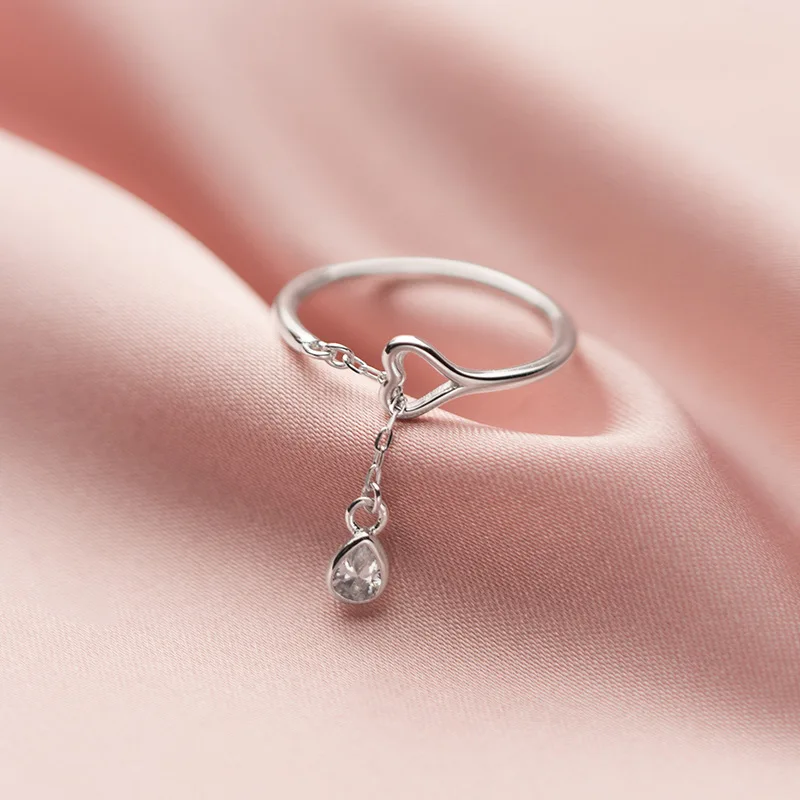 

100% Real 925 Sterling Silver Single Zircon Open Rings Heart Pattern Adjustable Ring for Women Girls