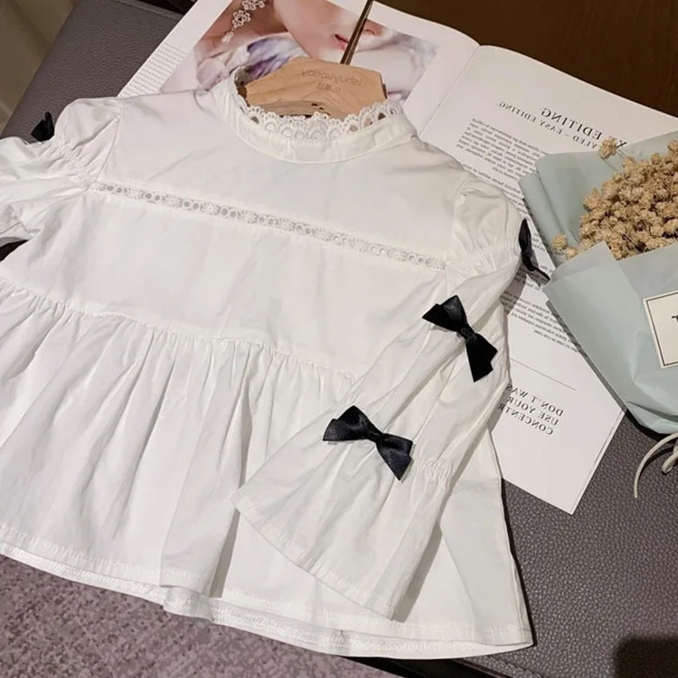 

Хлопковые кружевные повседневные топы с круглым вырезом и длинным рукавом для маленьких девочек, верхняя одежда для малышей, детские блузк...