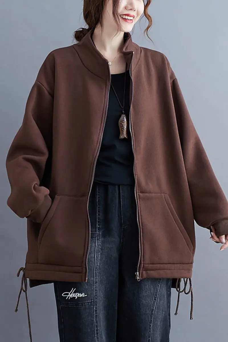 

2021 New Large Size Winter Women's Plus Velvet Thickened Loose Sweatshirt And Hoodies Mid-length Zipper Jacket Female Coat