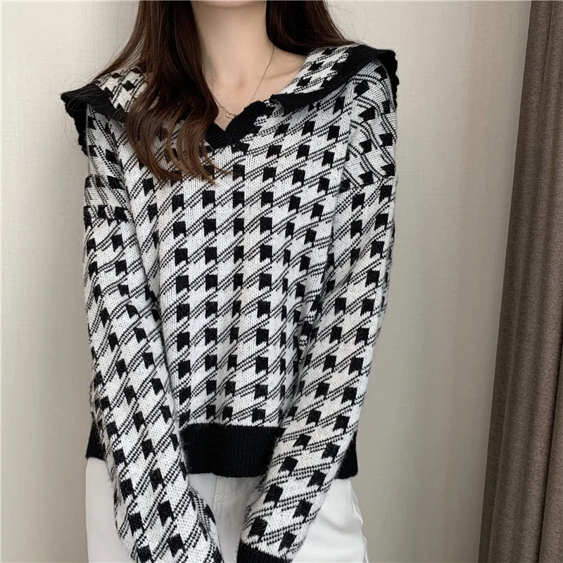 

CYJR Women Geometric Khaki Knitted Sweater Women Casual Houndstooth Lady Pullover Sweater Female Autumn Winter Retro Jumper