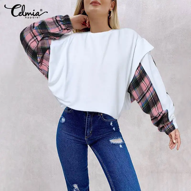

Women Long Bat Sleeve Pullovers Celmia 2021 Autumn O-neck Stylish Streetwear Sweatshirts Casual Loose Plaid Patchwork Tops
