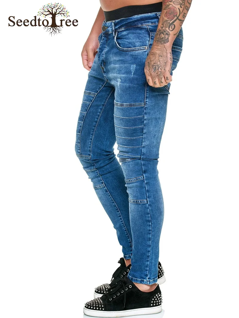 Pleated Solid Color Casual Men's Jeans Small Feet Slim Denim Trousers