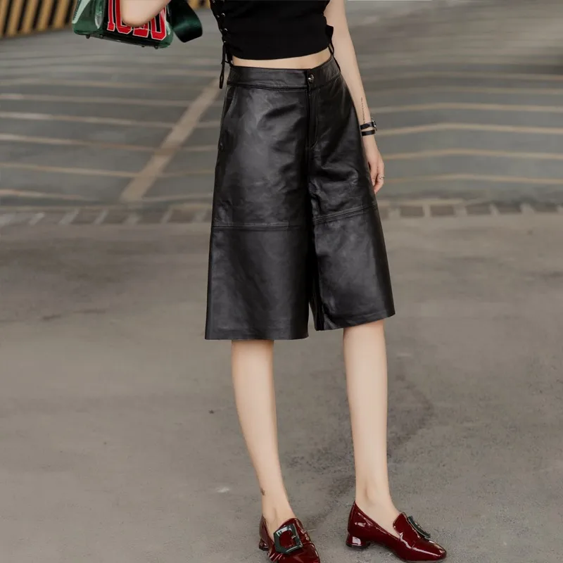 Модные женские свободные брюки до колен из натуральной овечьей кожи с широкими