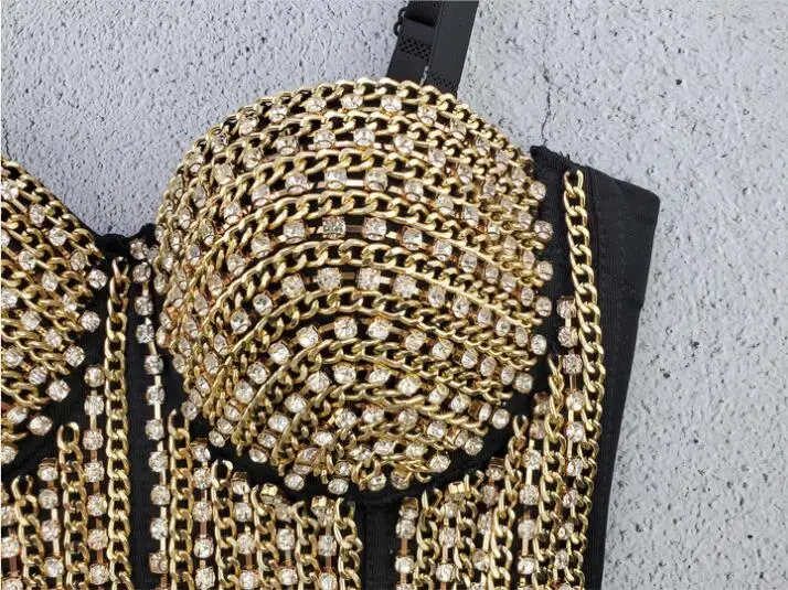 Women Sexy Designer Crystal Diamonds Chain Punk Style Cotton Camisole Tops Summer 2021 High Street Short Camis Crop Tops
