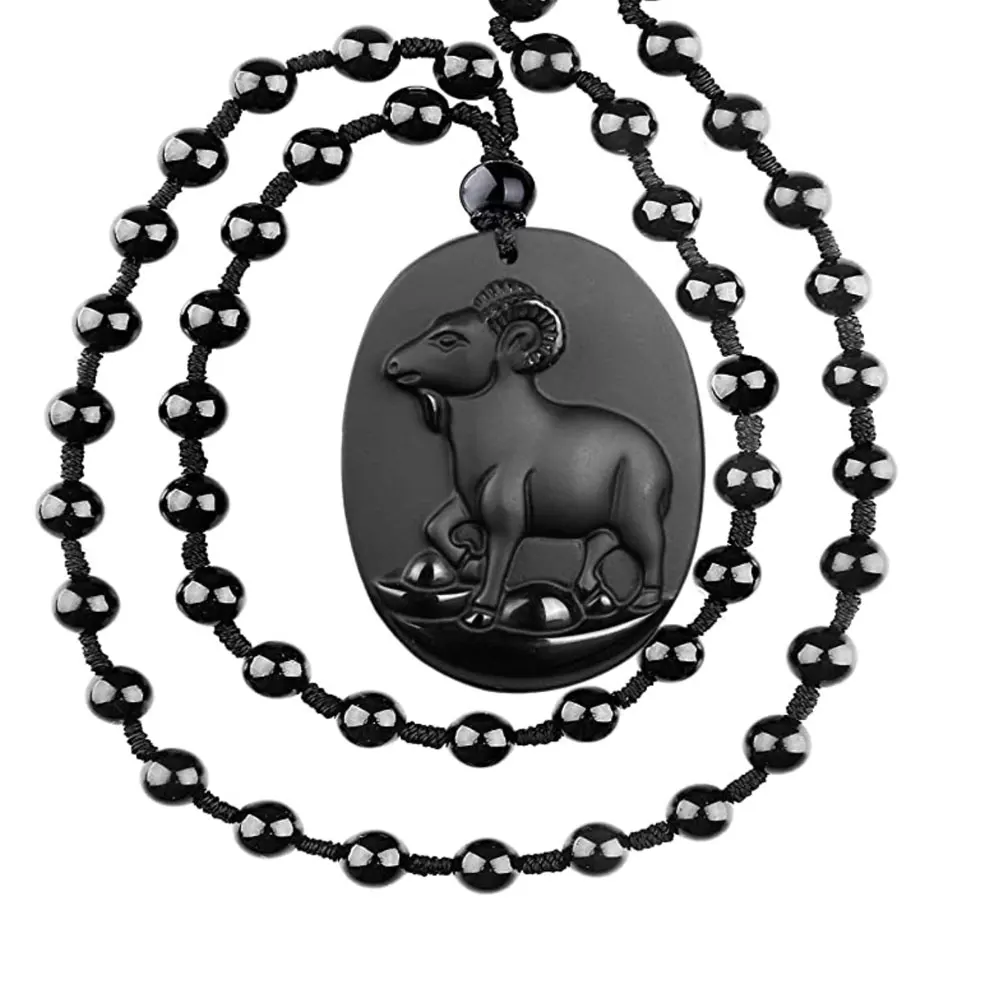 Natural Obsidian Chinese 12 Zodiac Pendant Necklace Series Pattern Grunding Stone Gemstone Horoscope Animal Sign Amulet | Украшения и