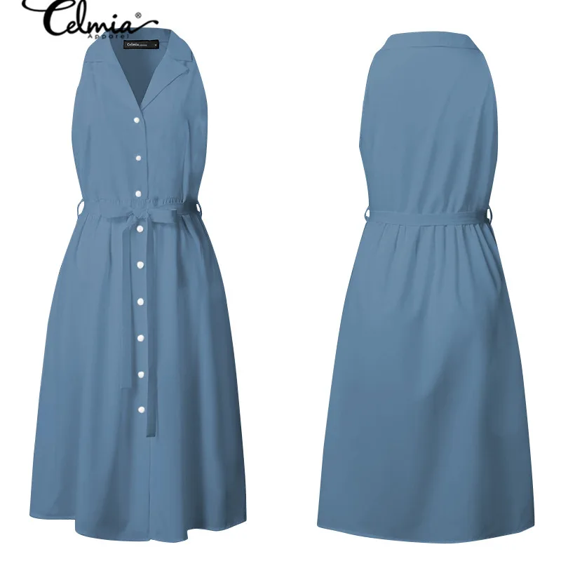 

Celmia Women Sexy V-neck Sleeveless Dress Elegant Office Lady Knee-length Sundress Casual Solid High Waist Buttons Vestidos 5XL