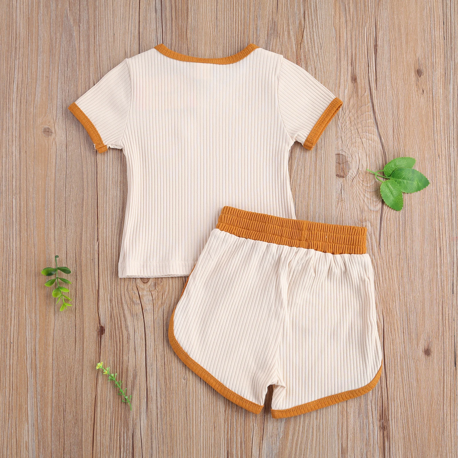 

OPPERIAYA Kids 2-piece Summer casual Outfit Short Sleeve Pocket round neck Tops Bandage Shorts Set for Children Baby Boys Girls